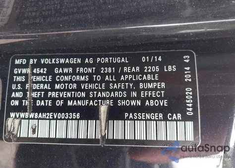 2014 Volkswagen Eos Komfort из США, поврежденный, VIN WVWBW8AH2EV003356